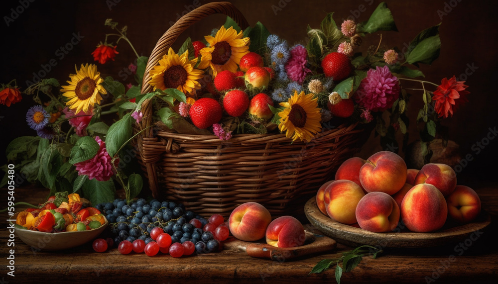 Fresh fruit basket on rustic wooden table generated by AI Fresh fruit basket on rustic wooden table generated by AI