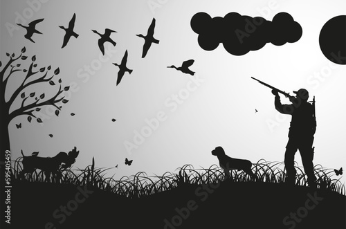 Black silhouette of a hunter with dogs in the forest. Duck hunting. Landscape of wild nature. Vector illustration. ESP 10.