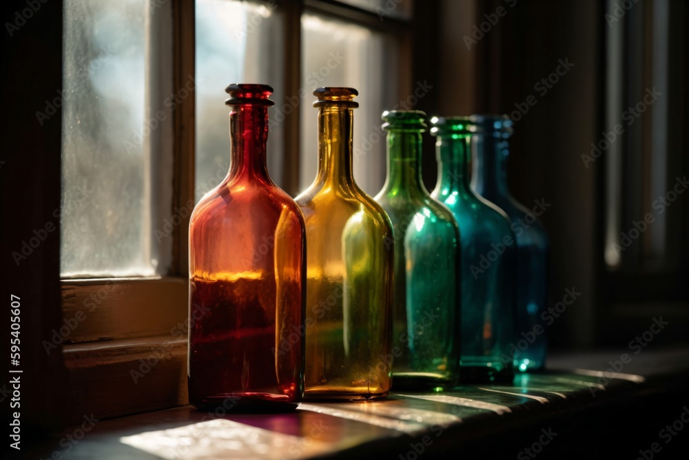 large glass bottles in different colors stand at the window created with Generative AI technology large glass bottles in different colors stand at the window created with Generative AI technology