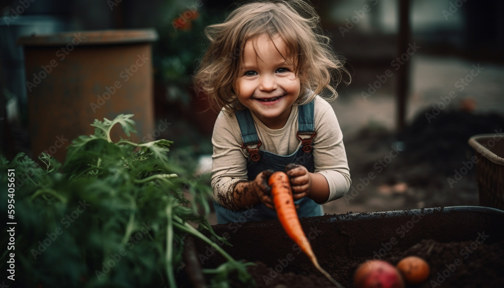 Smiling Caucasian child holding fresh vegetables outdoors generated by AI - obrazy, fototapety, plakaty 