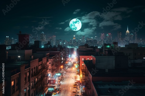 City lights and a glowing full moon take center stage in this neon urban landscape. Generative AI