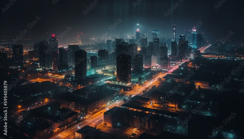 Glowing city skyline at dusk, bustling nightlife generated by AI Glowing city skyline at dusk, bustling nightlife generated by AI