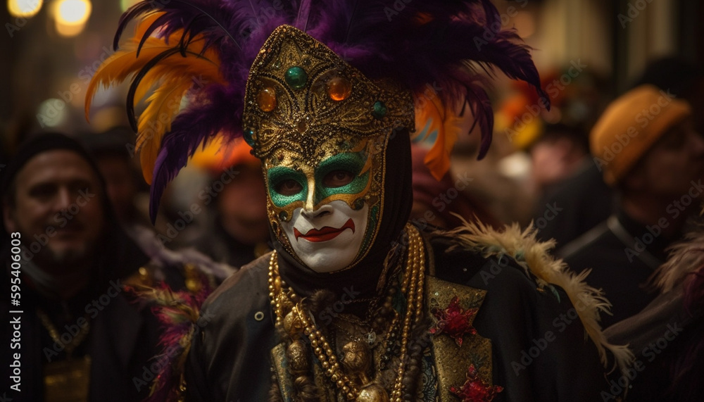 Colorful carnival masks disguise performers in celebration generated by AI