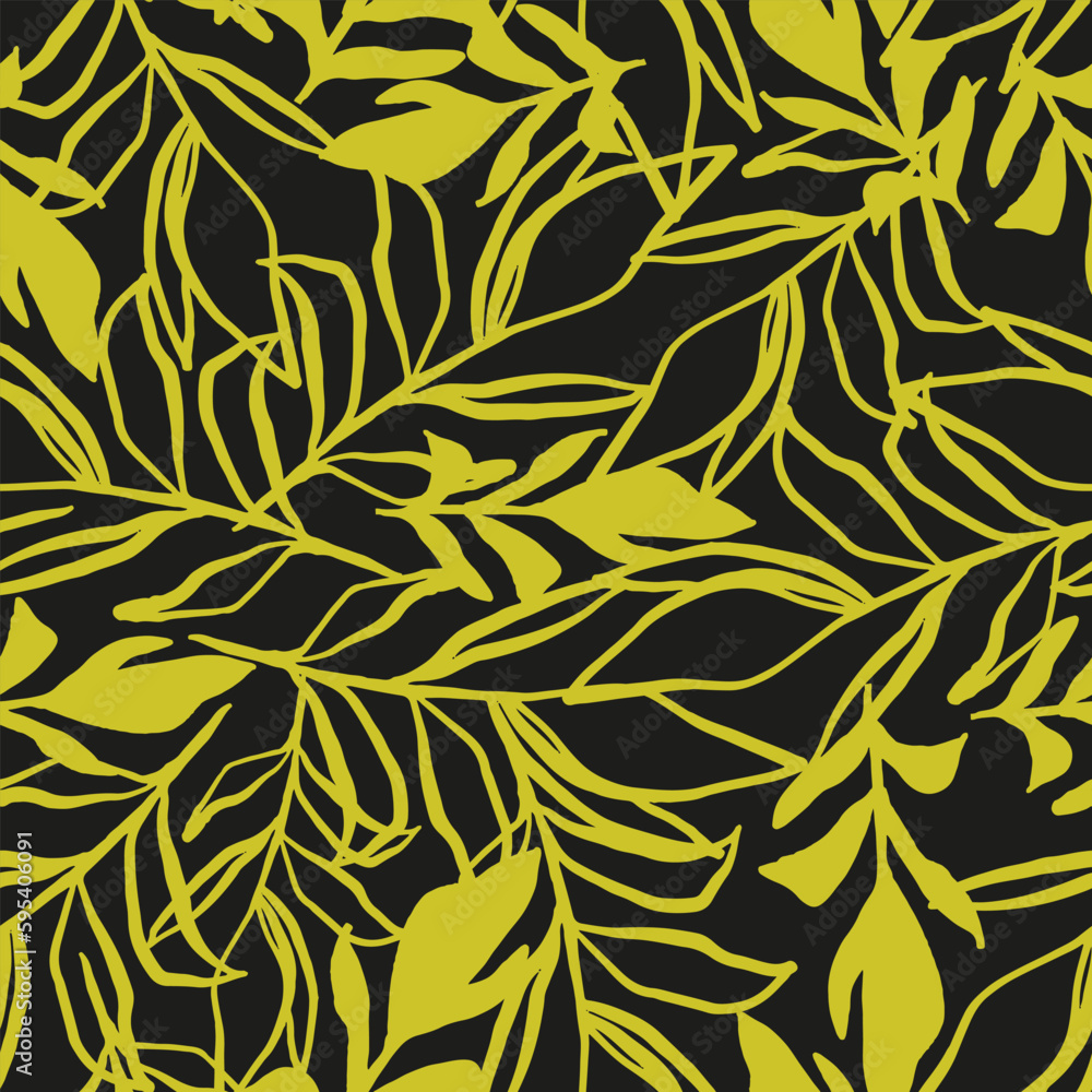 Fototapeta premium Exotic leaves seamless repeat pattern in cyber lime. Random placed, vector botany all over surface print on black background.