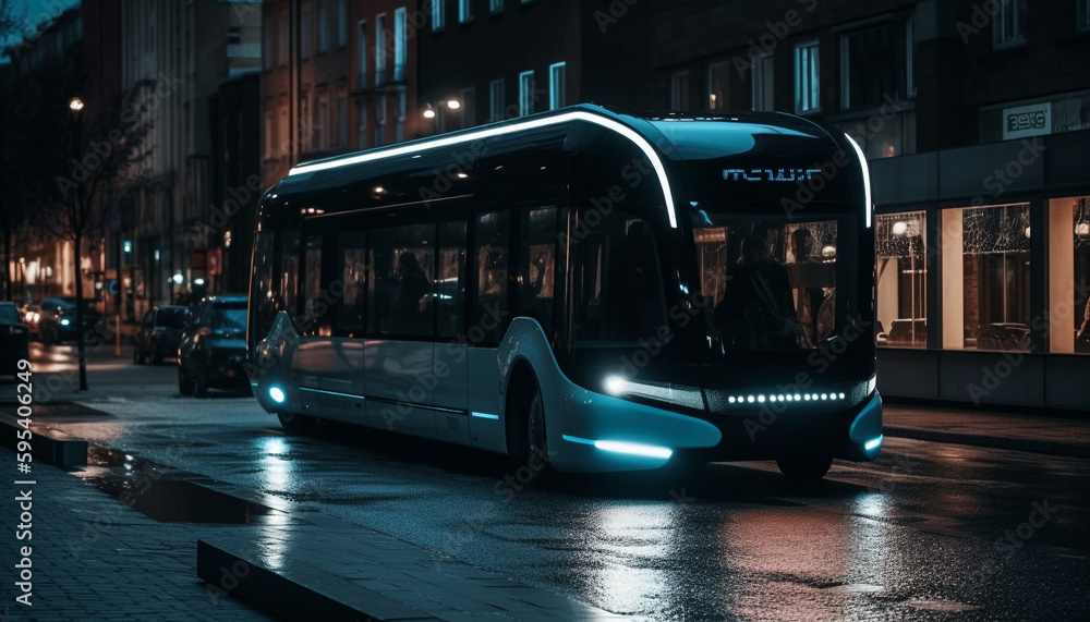Illuminated double decker bus speeds through city streets generated by AI