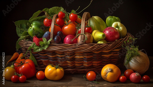 Abundance of fresh organic vegetables in wicker basket generated by AI