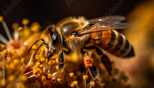 Busy honey bee collecting pollen from flower generated by AI © Stockgiu