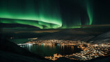 Illuminated arctic landscape, majestic mountain range, multi colored aurora generated by AI