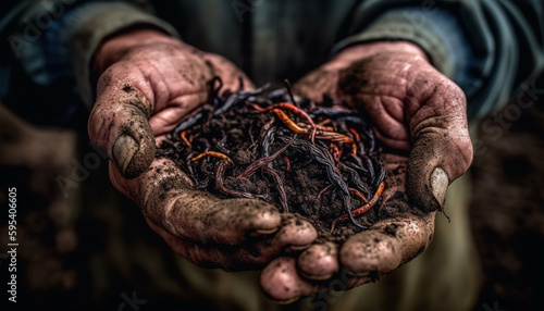 Senior farmer holding dirt, planting organic vegetables generated by AI