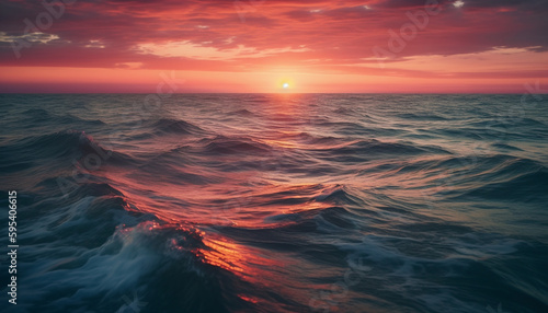 Sunset over water, waves crash on sand generated by AI © Stockgiu