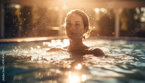 One woman enjoys refreshing swim at sunset generated by AI
