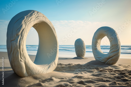 Rocks are balanced near the ocean, in the style of optical art. Generative Ai. 