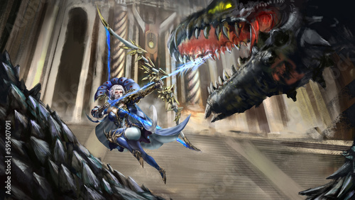 An elf fights a dragon using a bow with magic arrows, she is dressed in blue and white clothes with golden armor. 2D illustration, Digital drawing style