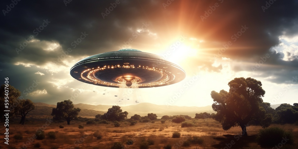 UFO. An alien saucer hovering motionless in the air. Unidentified flying object, alien invasion. Generative AI. Extraterrestrial life, space travel, spaceship mixed environment UFO. An alien saucer hovering motionless in the air. Unidentified flying object, alien invasion. Generative AI. Extraterrestrial life, space travel, spaceship mixed environment