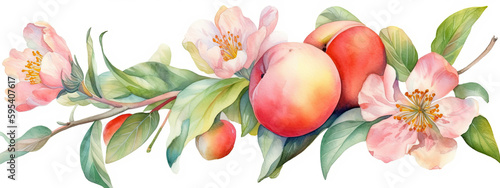 watercolor illustration of Peach colored flowers in wide border - Generative AI 