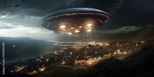 UFO. An alien saucer hovering motionless in the air. Unidentified flying object, alien invasion. Generative AI. Extraterrestrial life, space travel, spaceship mixed environment