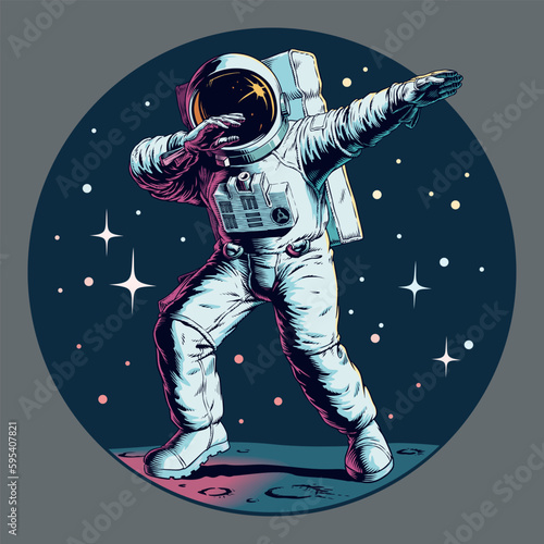 Astronaut makes dab dance gesture, shows dabbing movement on the moon or another planet, vector illustration photo