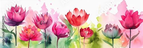 watercolor illustration of  redish pink colorful flowers in wide border - Generative AI  photo