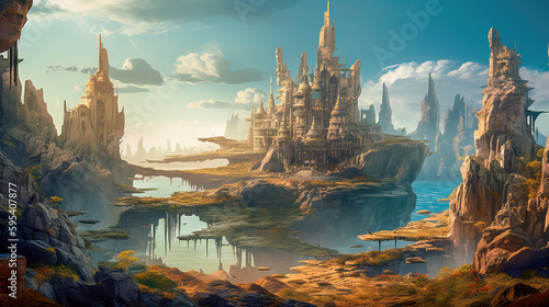 Alien planet with fantastic landscapes  and enchanted castles. Generative AI