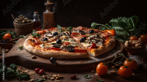 Delicious pizza served on a wooden board - Generative AI