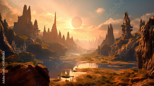 Alien planet with fantastic landscapes, and enchanted castles. Generative AI photo