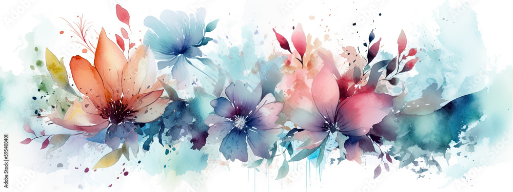 watercolor illustration of colorful flowers in wide border - Generative AI  - obrazy, fototapety, plakaty 