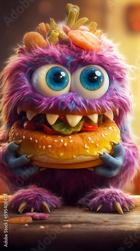 Fluffy Cute Monster Eating Burger. Generative ai