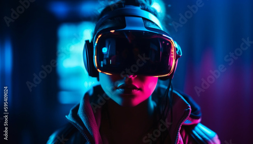 One person immersed in futuristic virtual reality generated by AI