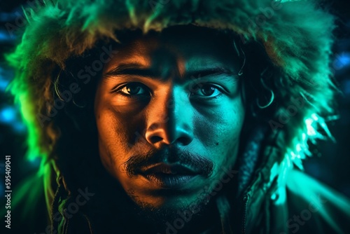 young man with dark skin color wears a hooded jacket created with Generative AI technology © StockMedia