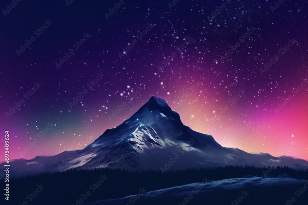 extremely beautiful shining starry sky and a snow covered mountain created with Generative AI technology