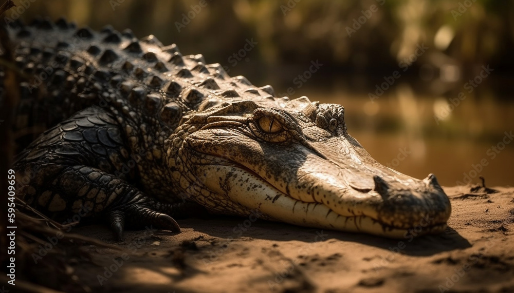 Obraz premium Large crocodile resting in tropical rainforest pond generated by AI