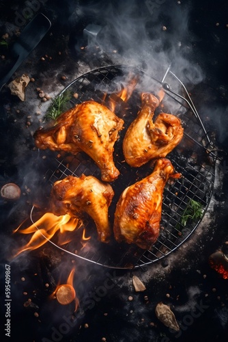 Grilled Chicken Cooking on Barbecue. Generative ai