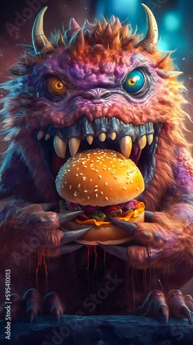 Fluffy Cute Monster Eating Burger. Generative ai © Scrudje