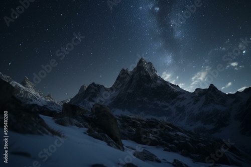 Experience a breathtaking view of a snow-covered mountain with twinkling stars and immaculate details in Unreal Engine 5 with an ultra-wide angle. Generative AI © Kamila