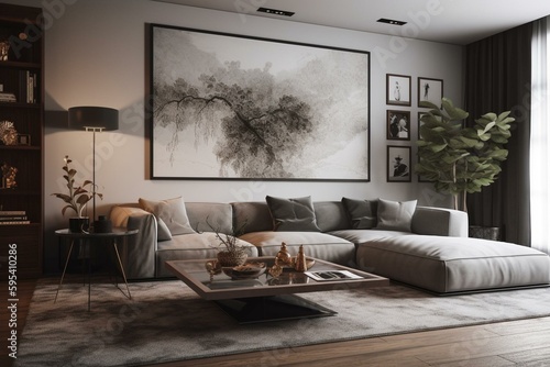 Stylish living room with modern appliances, large TV, and unique wall art. AI-created visual. Generative AI © Kamila