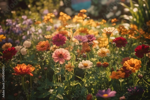 a flower meadow with many colorful flowers created with Generative AI technology photo