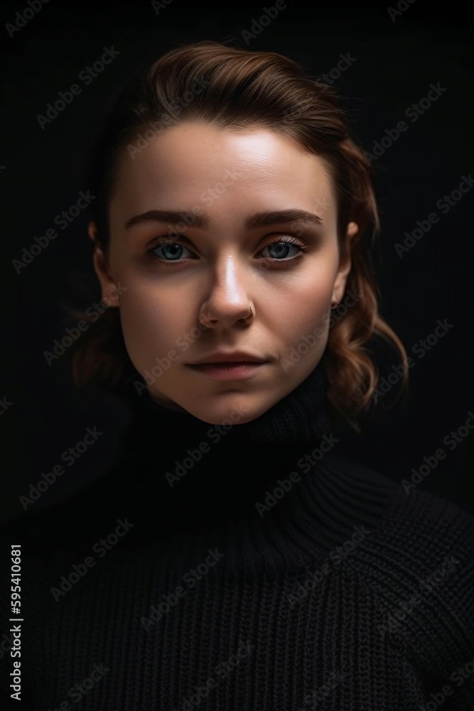 a woman with blue eyes wears a black turtleneck sweater created with Generative AI technology a woman with blue eyes wears a black turtleneck sweater created with Generative AI technology