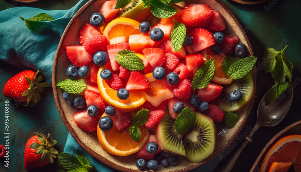 Fresh fruit salad with blueberries, strawberries, and raspberries generated by AI