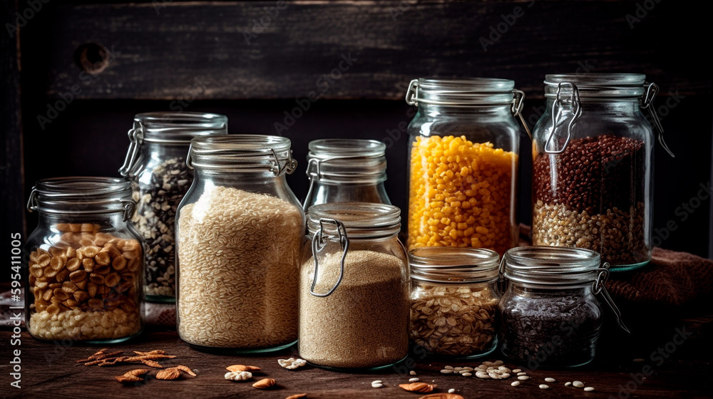 Assortment of uncooked grains, cereals and pasta in glass jars on wooden table. Healthy cooking, clean eating, zero waste concept. Balanced dieting food. Generative AI Assortment of uncooked grains, cereals and pasta in glass jars on wooden table. Healthy cooking, clean eating, zero waste concept. Balanced dieting food. Generative AI