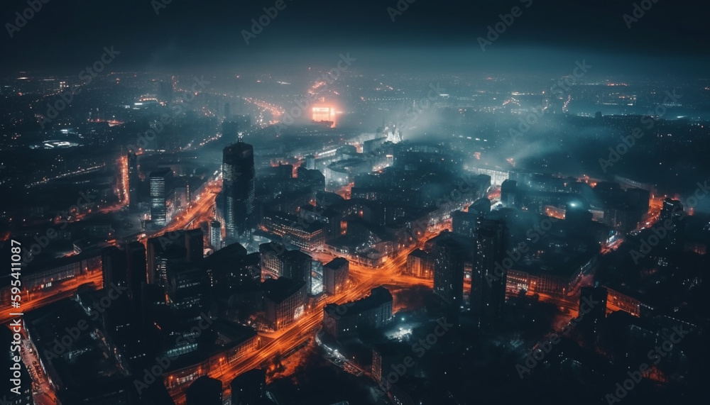Fototapeta premium Twilight city skyline glows with lively nightlife generated by AI