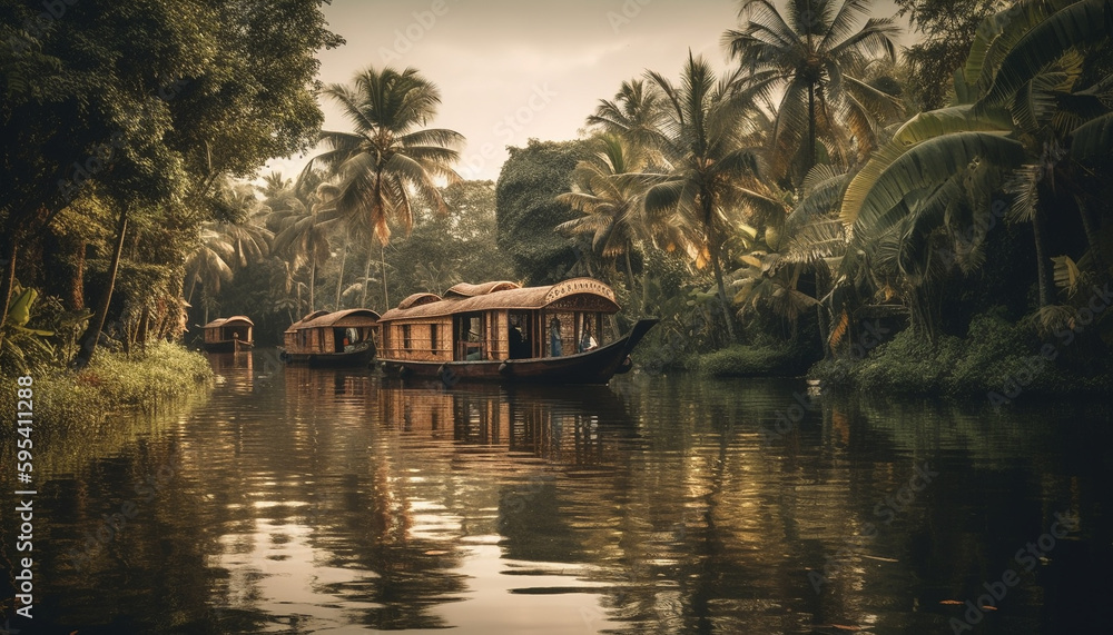 Obraz premium Reflection on tranquil scene, nautical vessel sailing generated by AI
