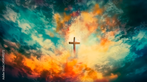Blurry abstract background of Painting in watercolor depicting a conceptual cross or other religious symbol over a sky at sunset with clouds as God. Generative AI © Aram