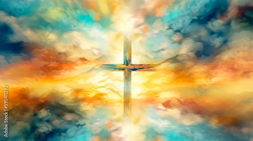 Blurry abstract background of Painting in watercolor depicting a conceptual cross or other religious symbol over a sky at sunset with clouds as God. Generative AI © Aram