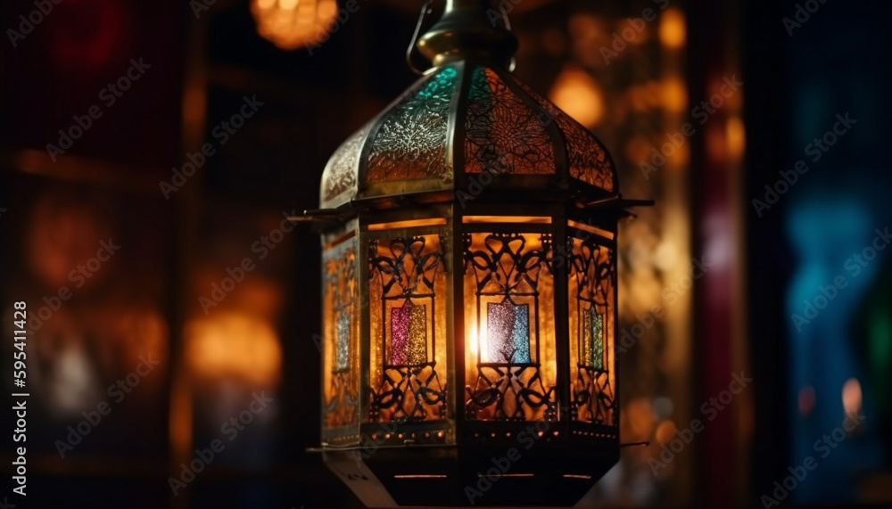 Ramadan lantern glows amidst traditional celebration decoration generated by AI
