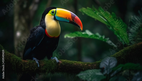 Colorful toucan perched on vibrant rainforest branch generated by AI