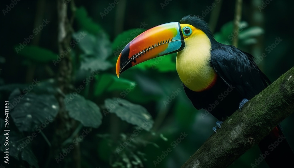 Naklejka premium One toucan perched on branch in forest generated by AI