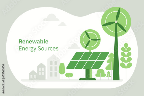 Green economy and renewable energy concept in flat vector illustration. Solar electric panels and wind turbines. Sustainable power plants for clean earth environment