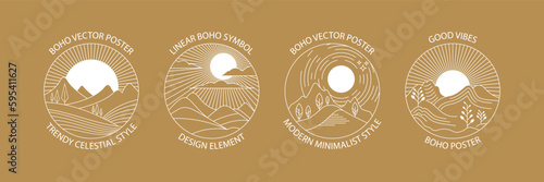 Linear boho icons. Bohemian style logotypes in vector for fashion, beauty, mental and treatment industries. Abstract design elements for decoration in modern minimalist style for social media posts.