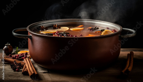 Rustic stew simmers in cauldron autumn heat generated by AI