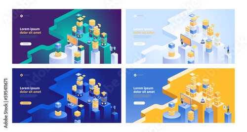 Blockchain concept banner. Isometric digital blocks connection with each other and shapes crypto chain. Blocks or cubes, connection consists digits. Abstract technology background. Vector illustration